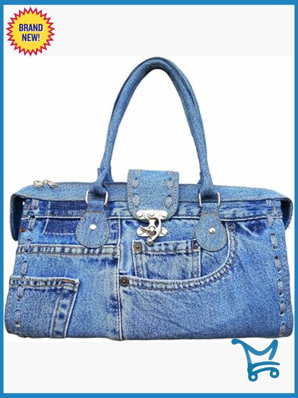 Large Structured Denim Satchel Top Handle Bag Doctor Style Purse Women